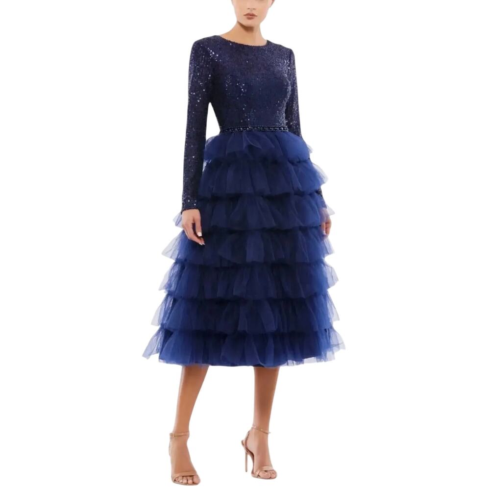 Mac Duggal Navy Blue Long Sleeve Sequin & Tiered Tulle Midi Dress